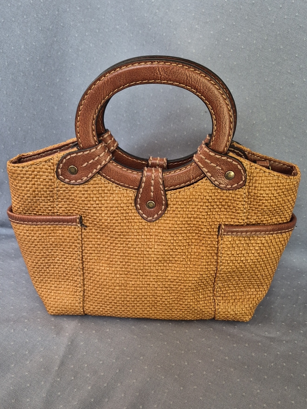 Fossil Natural Woven Straw Mini Tote Purse Leather Trim Satchel Handbag Quaint